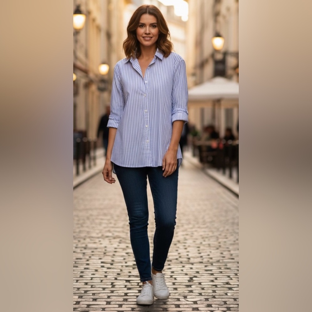Lafayette 148 white w/blue narrow stripes, button down shirt, long sleeves, S/M